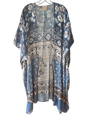 Nalini Blue Floral Patterned Open-Front Kimono One Size Fits Most